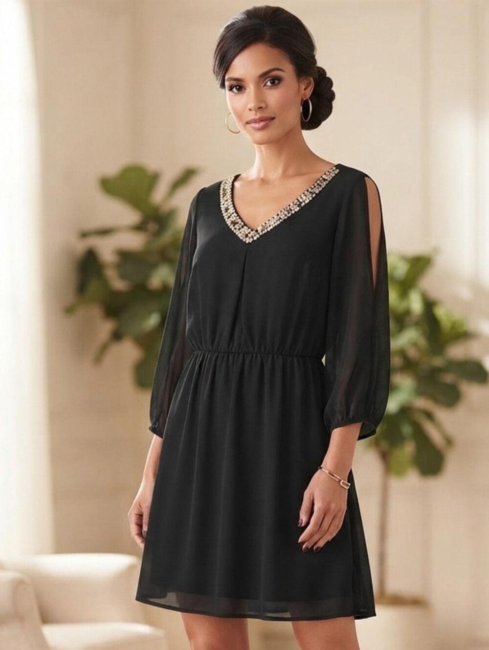 IZ Byer California Black Chiffon Cold Shoulder Dress Size M Sequined Neckline